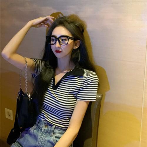 2021 Women Summer T-Shirt New Korean Fashion Harajuku Slim Lapel Short Sleeve Loose Top Stripe Casual Black T-Shirt YM247
