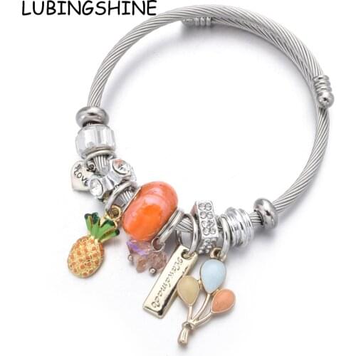 Women Stainless Steel Pineapple Heart Charms Bracelets Wire Cable Rhinestones Open Adjustable Cuff Bangles DIY Jewelry