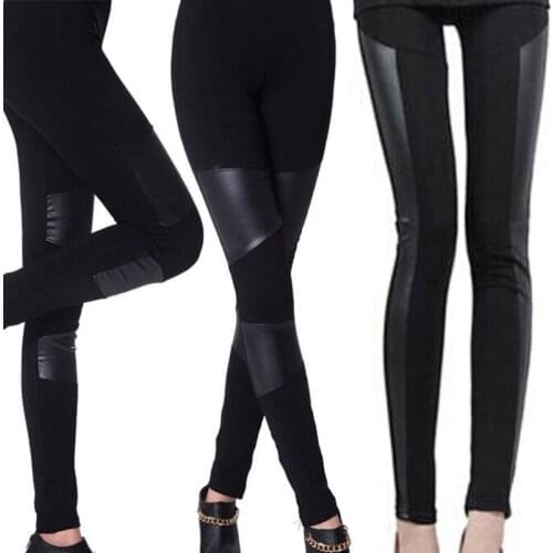 Autumn Winter Warm Women Patchwork Stitching Elastic Leatherette Leggings Stretchy Slim Ladies Pencil Black Leather Leggings