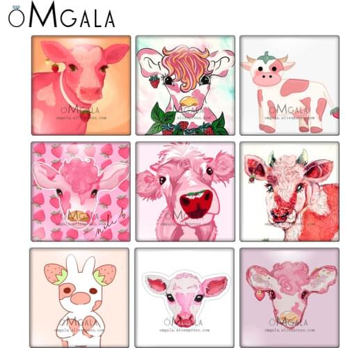 Cartoon Cute Pink Cow Bull Art Paintings 10pcs Mixed 12mm/20mm/25mm/30mm photo glass cabochon demo flat back Making findings