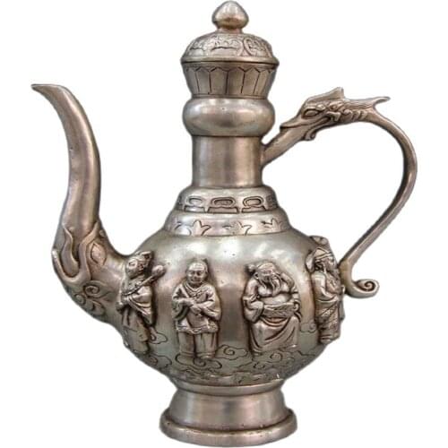 20.3 cm * /Chinese ancient copper hand-carved eight immortal dragon tea pot