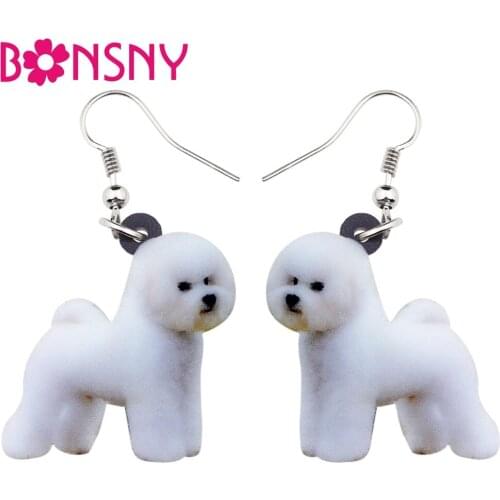 Bonsny Acrylic Lovely Bichon Frise Dog Earrings Big Long Dangle Drop Fashion Jewelry For Women Girl Ladies Kids Animal Wholesale