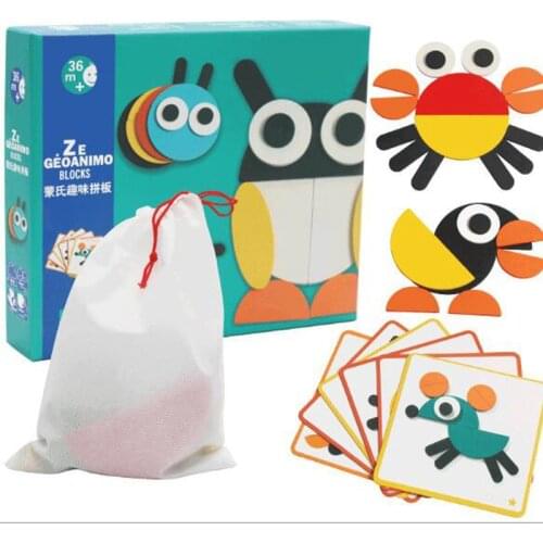 Free Ship Wooden Pattern Blocks Animals Jigsaw Puzzle Sorting and Stacking Games Montessori Educational Toys for Toddlers Kids