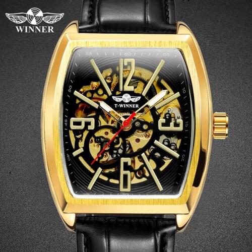 WINNER Mechanical Automatic Men Watch Genuine Leather Belt Man Watch Top Band Black Business Casual Mens Number Hollow Design
