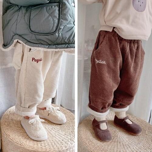 Children Baby Boys Girls Pants Corduroy Winter Spring Autumn Warm Toddler Thicken Buttons Plus Velvet Kids 2021 High Quality