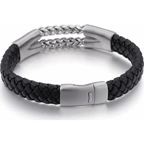 Jewels Store 22cm Vintage Woven Leather Wrap Bracelets For Men Stainless Steel Double Layer Link Chain Bracelet Homme Jewelry