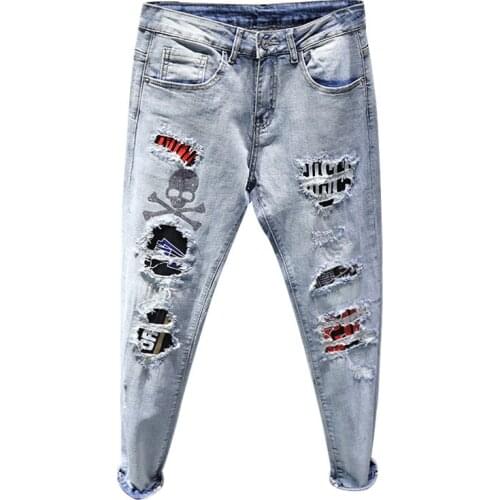 DenimJeans 2021 Fashion mens beggar hole Skull hot drilling Korean feet pants personality teenagers students pencil jeans