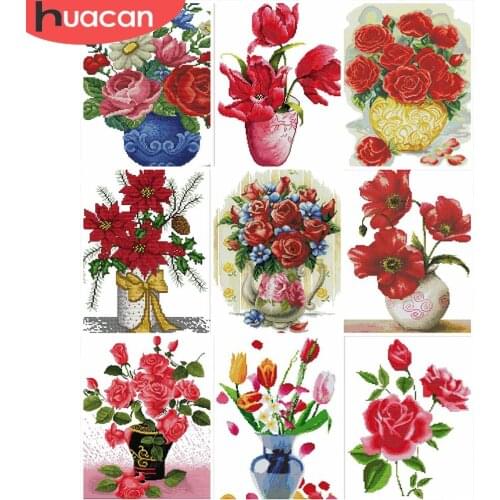 HUACAN DIY Cross Stitch Flowers Kits Cross-Stitch Flower 11CT 14CT Cotton Thread Embroidery Needlework Home Decoration