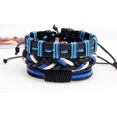 KEJIALAI Boho Gypsy Hippie Punk Black Royal Navy Blue White Pattern Knots Leather Layers Stacked Adjustable Bracelets Set Unisex