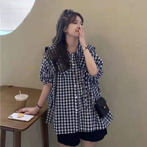 Micro fat mm plus size navy collar lantern short sleeve plaid shirt female retro Hong Kong doll shirt top loose Korean version