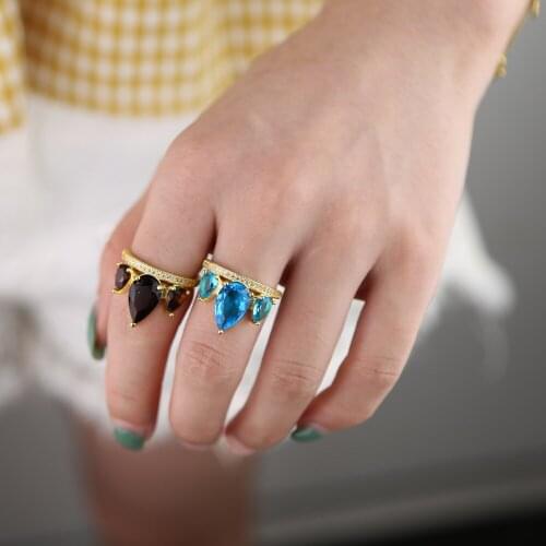 Fashion wedding engagement ring for women gold filled bright Sparking bling tear drop colorful cz stone lady finger ring