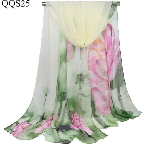 Fashion Lotus Printing Georgette Scarf Ladies Silk Feeling Chiffon Hijab Thin Bandana Summer Floral Beach Shawl Bufanda 160X50cm