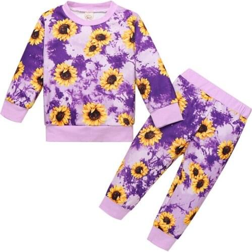 Fashion Girls Spring Sunflower Outfit Set Print Top Pants 2pcs Spring Baby Girls Infant Clothing