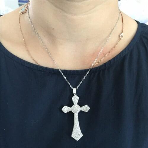 Vecalon Luxury Long Cross pendant 925 Sterling silver Pave Cz Stone Wedding cross Pendant necklace for Women men Party Jewelry