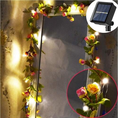 2M/5M/10M Rose Flower Vine LED Christmas Garland Outdoor Solar Rose String Lights For Valentines Day Wedding Garden Decor