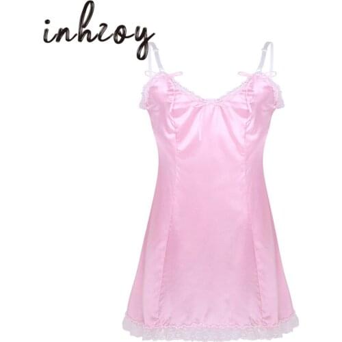 Hot Sexy Men Crossdressing Sissy Lingerie Dress Spaghetti Straps Satin Lace Babydoll Erotic Male Dresses Gay Underwear Nightwear