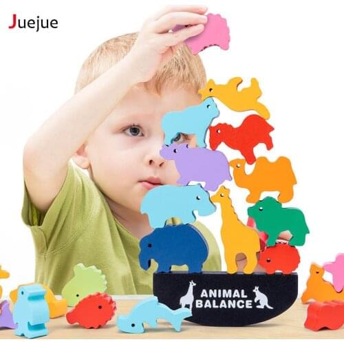 Montessori Early Children Education Balance Blocks Toys Cartoon Animal Stacking High Building Blocks for Child Safety Wood Block