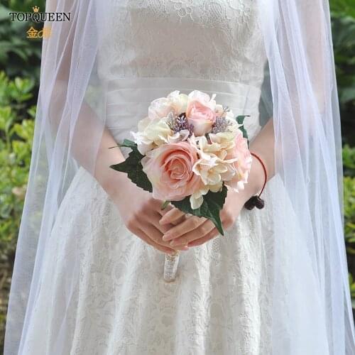 TOPQUEEN F8 2018 Wedding Bouquet Bridal Holding Flowers Champagne and Pink Rose Bridesmaid Flowers Bridal Bouquets Fast Shipping