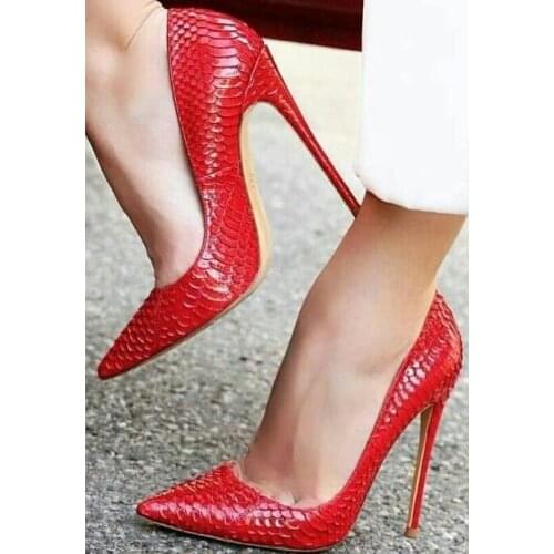 Women Red Snakeskin Pointed Toe High Heel Pumps 12CM Sexy Python Pattern Leather Wedding Shoes Bride Shallow Slip on Pumps
