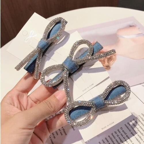 Women Fashion Rhinestone Bow Hair Clips Lady Vintage Denim Side Clips