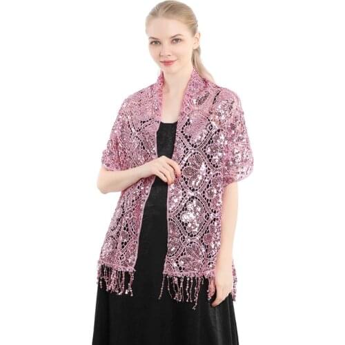 Women Wrap Hollow Sequin Lace Solid Shawl Bridal Wedding Luxury Party Scarf Wrap Shiny Glitter Stole Evening Dance Tassel Scarf