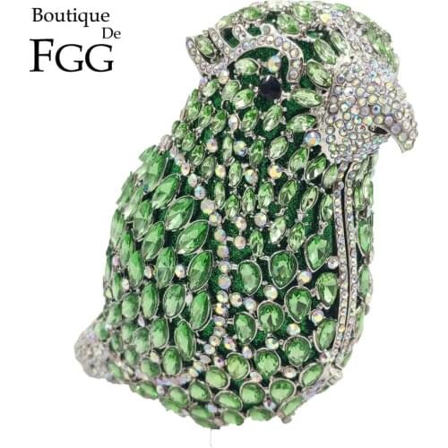 Boutique De FGG Green with Irridescent Parrot Clutch Purses Women Crysal Evening Bags Party Cocktail Rhinestones Handbags