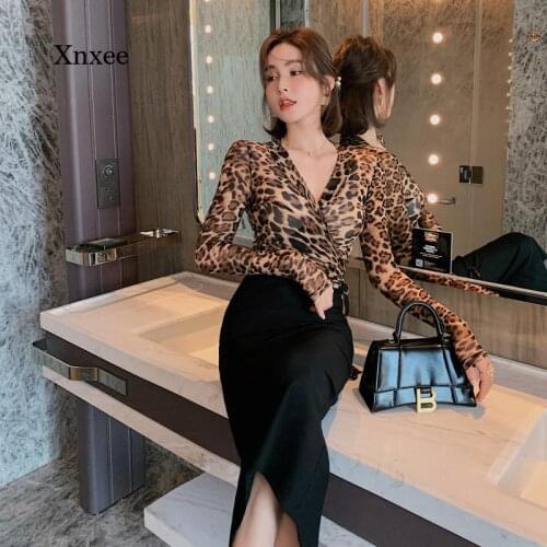 Leopard Print Tops Pencil Skirt Suit Comfortable Formal Women Sets V-Neck Shirt Sexy Blous Long Black Elegant Women Sets Outfits