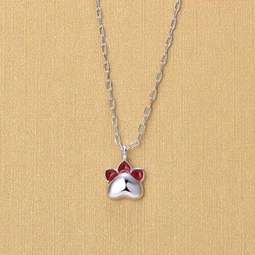 Red Enamel Animal Jewelry Necklaces 925 Sterling Silver Single Paw Shape Pendant Necklaces For Women