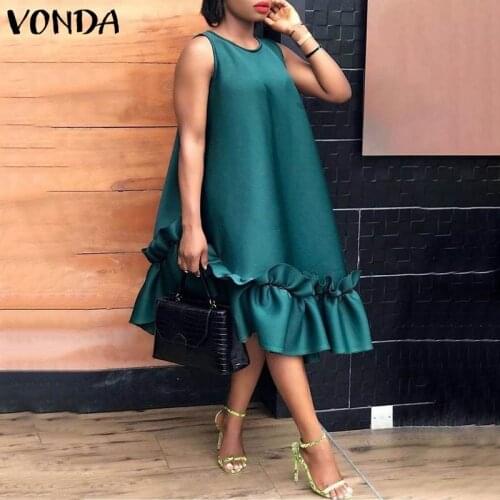 Women Mid-Calf Length Dress 2021 VONDA Summer Casual O Neck Sexy Sleeveless Tank Dresses Bohemian Vestidos Femme Robe