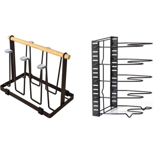 1 Pcs 5-Layer Adjustable Pot And Pan Storage Rack & 1 Pcs Metal 6 Cups Cup Storage Box Silicone Protective Hook