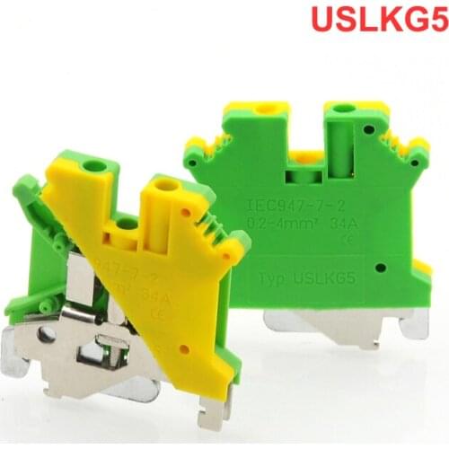 2Pcs USLKG5 Ground Terminal Blocks DIN Rail Screw Morsettiera UK-5N Yellow Green Earthing Bornier Connector 12AWG 4mm²