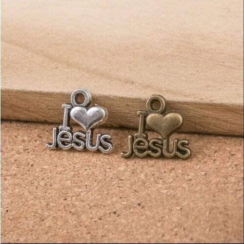 High Quality 20 Pieces/Lot 13mm*15mm Antique Silver Plated I Love Jesus Charms Religious Charm