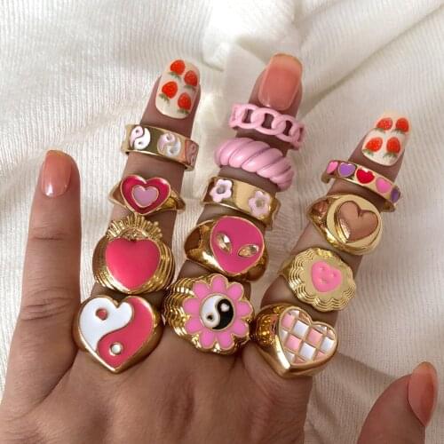2021 Pink Girls Rings Jewelry Yin Yang Flower Love Heart Enamel Chunky Rings For Women Fashion Geometric Statement Party Gift