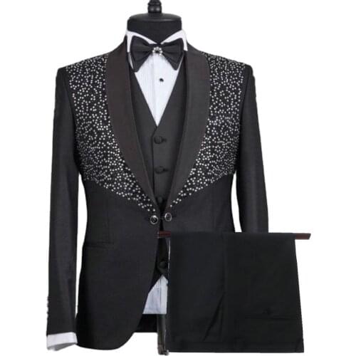 2021 High Quality Men Suits Black Crystal Beadings Groom Tuxedo Slim Fit Formal Business Party For Wedding Suits Best Man Blazer
