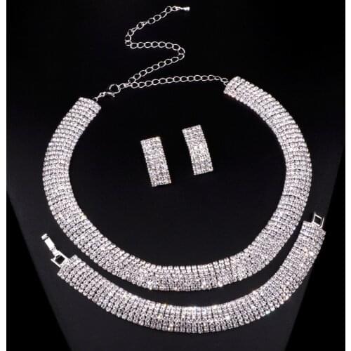 3Pcs/Set Luxury Wedding Jewelry Sets Silver Color Crystal Round Necklace Earrings Bracelets Sets Bridal Jewelry For Women TZ005