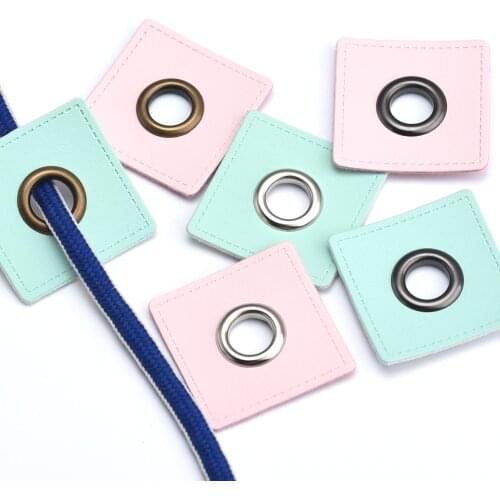 30pcs/lot 37mm square PINK/MINT PU leather sew on Badges patch labels + inner 10mm metal brass eyelets grommets free ship