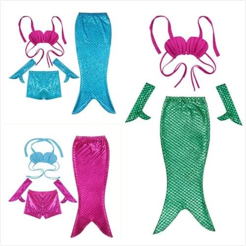 3-12Y Baby Girls Lovely Mermaid Tail Swimsuit Short Gloves 4 Pcs Cosplay Mermaid Cosplay Bikini Costume Beaching Suit Swimwear