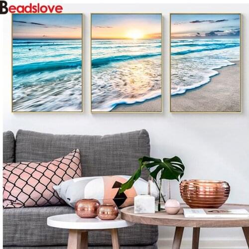 Diamond Painting Cross Stitch Full Square round Drill Needlework Sunset Seascape Sea Wave Decoration Home Diamond Embroidery
