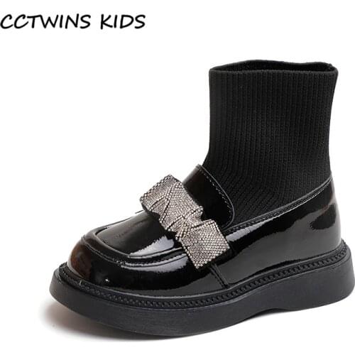 Girls Boots 2021 Autumn Kids Patent Black Short Chelsea Boots Fashion Rhinestone Children Shoes Brand Soft Thick Sole Platform