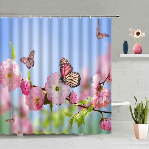 Color Flowers Butterfly Shower Curtains Spring Scenery Bathroom Decoration Bath Curtain Washable Hanging With Hook Home Decor