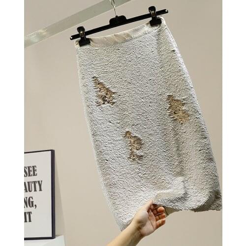 Fashion Design Double-Sided Sequined Midi Skirt Womens Korean-Style High-Waist Slimming All-match A- Line Hip Skirts Lady Skirt