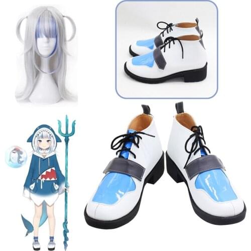 Hololive Gawr Gura Cosplay Wig Gawr Gura Long Hair Cosplay Anime Hololive White Mixed Bule 60CM Women Halloween Headwear Shoes