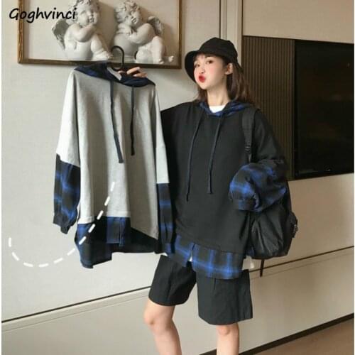 Hoodies Women Plaid Patchwork Fake Two Pieces Oversize Chic Womens Korean Style All-match Streetwear Harajuku Hoodie Ulzzang New