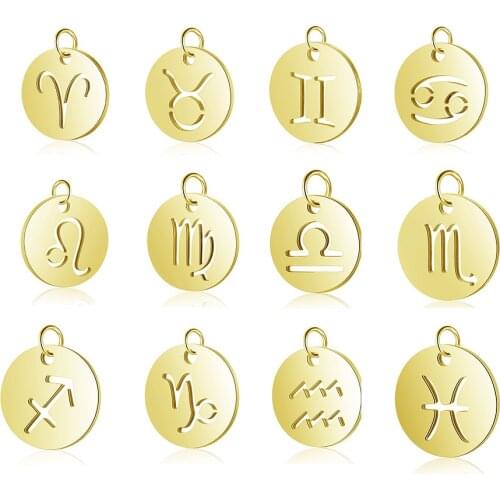 Jaymaxi Gold Color Zodiac Charms Stainless Steel Mirror Polished 12 Constellation DIY Jewelry Making 12PCS/LOT