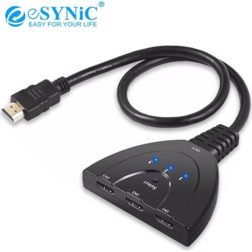 ESYNiC 3D 4K 1080p HDMI Switcher With USB Power Cable For PC HDTV DVD Xbox Hub 3 in 1 Out Adapter 3 Port 1.3 HDMI Switcher