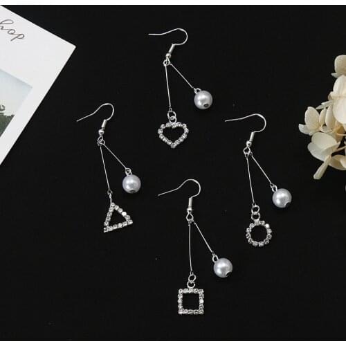 Korean Crsytal Geometric Heart Pendant Earring Drop Earrings Trendy Simulation Pearl Dangle Earrings Wedding Jewelry