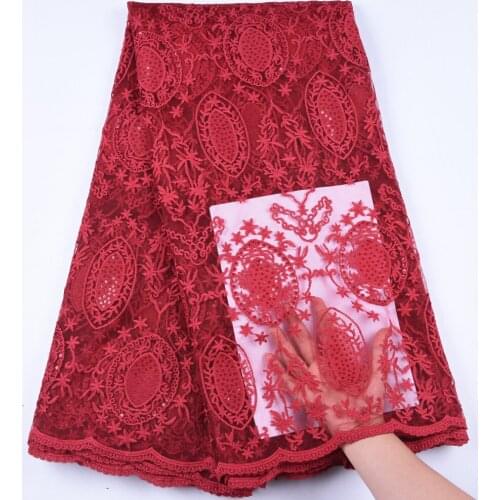 Wine Red Color French Tulle Net Lace Fabric Embroidery African Lace Fabric High Quality 2019 Milk Silk Sequins Lace Fabric Y1636