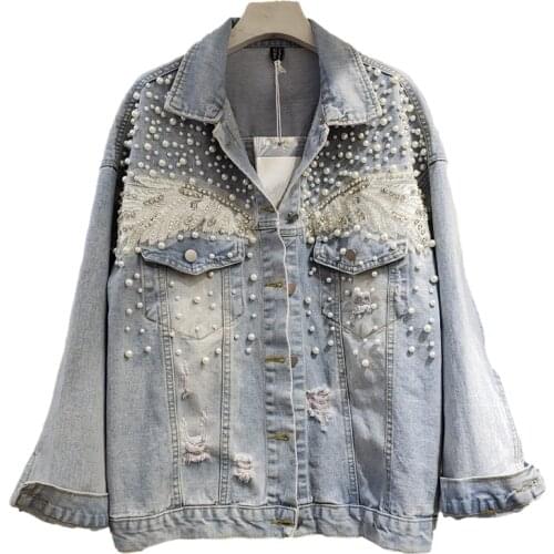 Spring Autumn Korean Fashion Beading Diamond Denim Jacket Coat Women Outerwear Loose Long Sleeve Short Holes Jeans Jacket Female