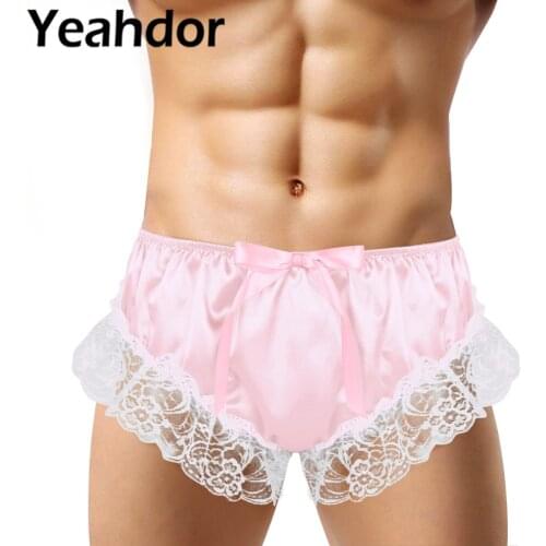 Mens Sissy Lingerie Briefs Shiny Soft Ruffled Floral Lace Satin Low Rise Stretchy Gay Male Bikini Panties Underwear Nightwear
