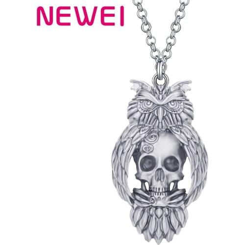 Newei Halloween Alloy Antique Gold Plated Owl Skull Necklace Long Skeleton Pendant Jewelry For Women Girls Teens Gift Decoration